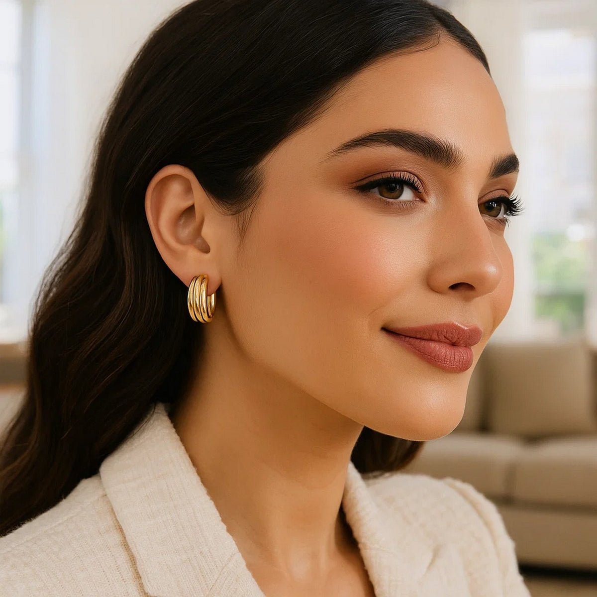14K Yellow Gold Ribbed Hoop Earrings