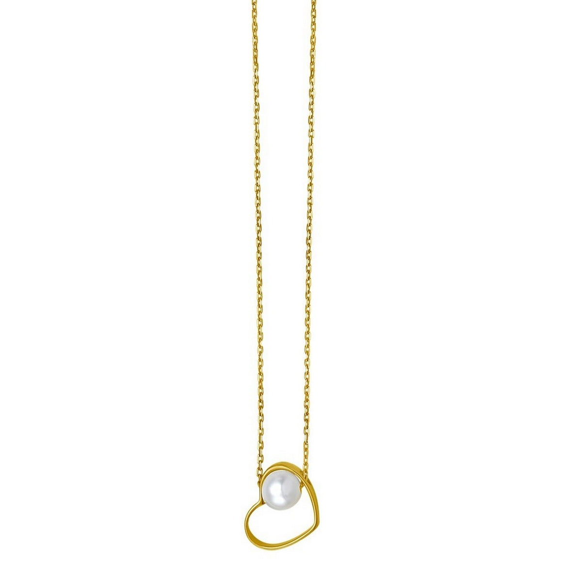 Open Heart and Pearl Necklace in 14K Yellow Gold