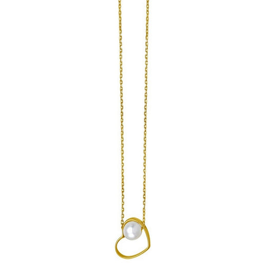 Open Heart and Pearl Necklace in 14K Yellow Gold