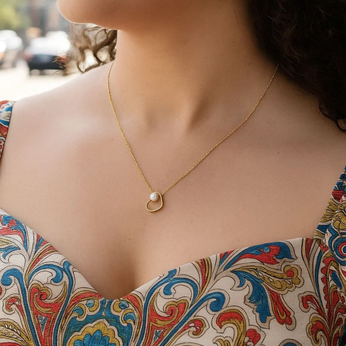 Open Heart and Pearl Necklace in 14K Yellow Gold