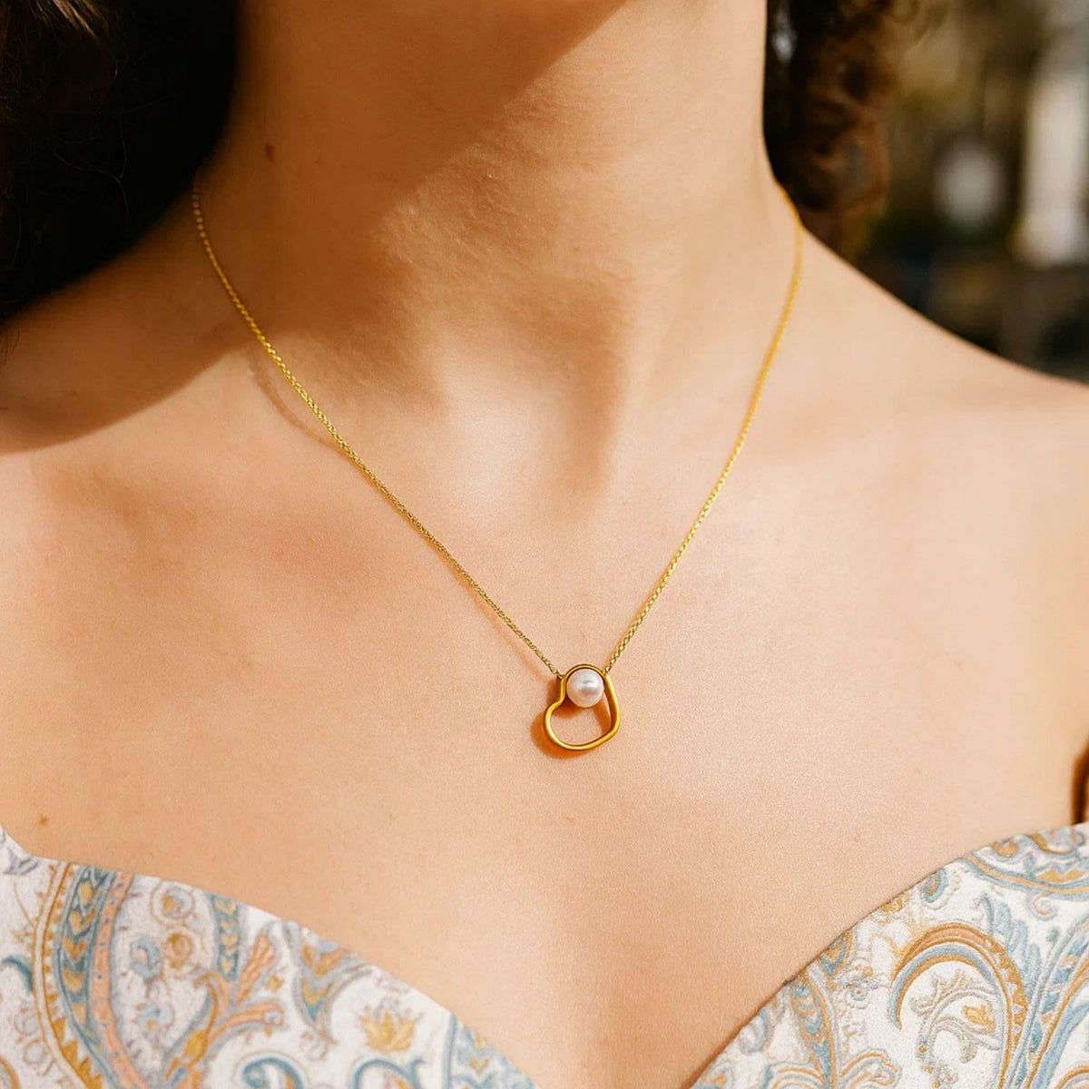 Open Heart and Pearl Necklace in 14K Yellow Gold