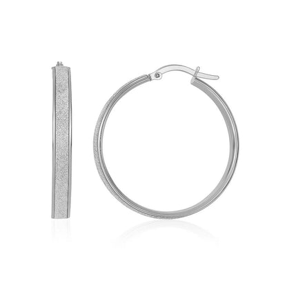 14k White Tone Gold Hoop Style Earrings with Center Glitter Look Design