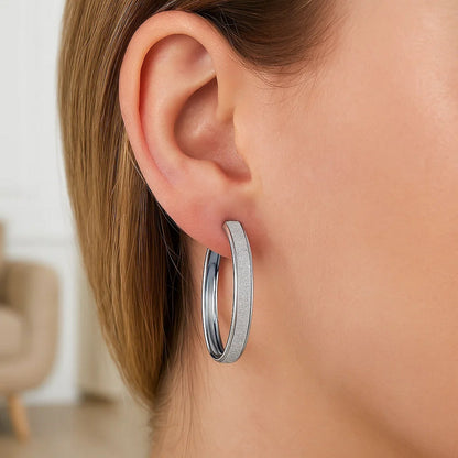 14k White Tone Gold Hoop Style Earrings with Center Glitter Look Design