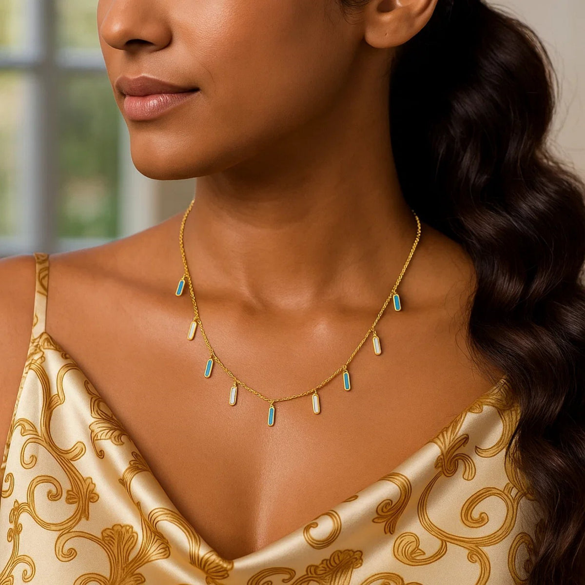 14K Yellow Gold Turquoise And MOP Inlay Station Necklace