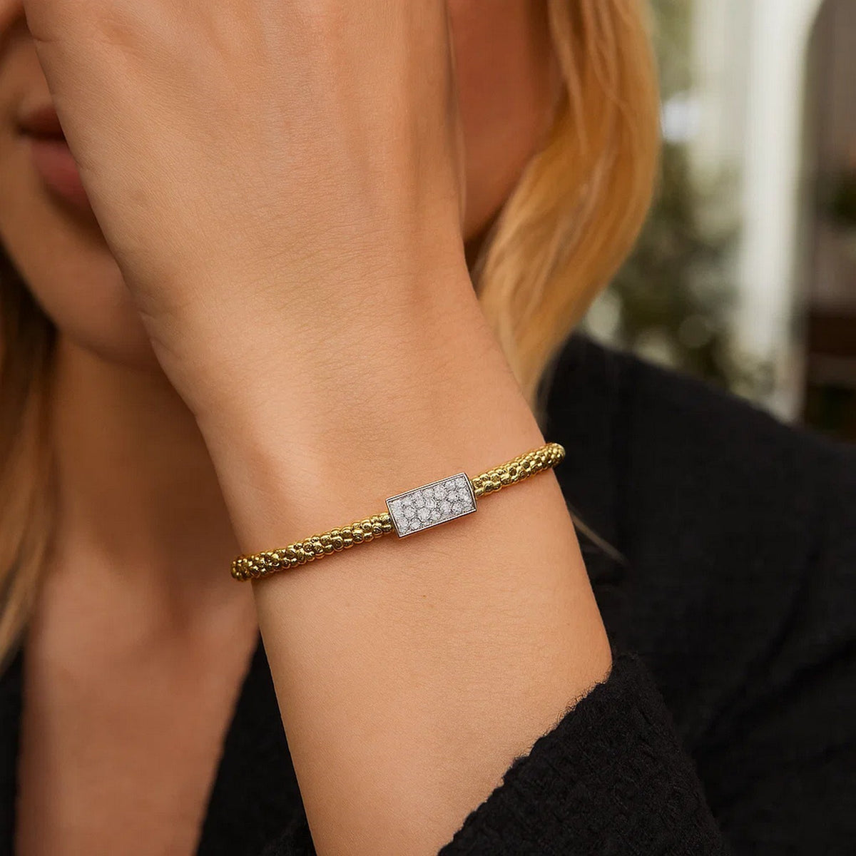 14K Yellow Gold Popcorn Short Diamond Bar Bracelet (4.80mm)