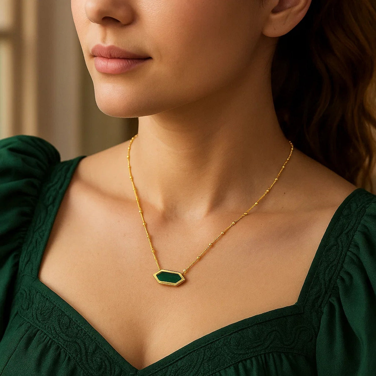 14K Yellow Gold Hexagon Malachite Pendant Necklace