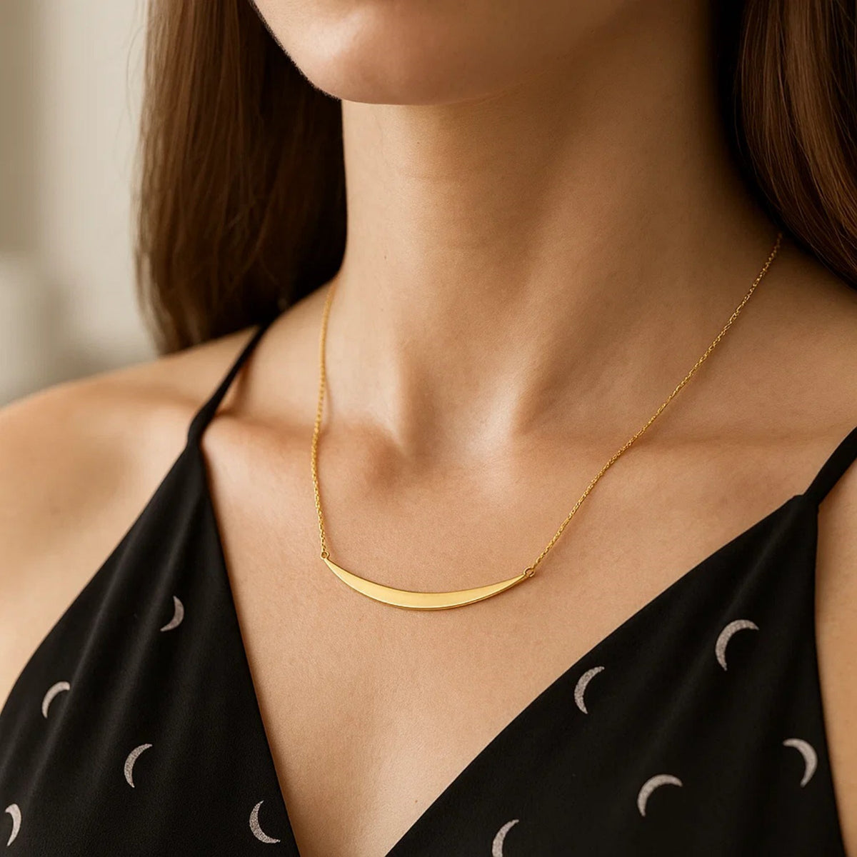 14k Yellow Gold Necklace with Polished Curved Bar Pendant