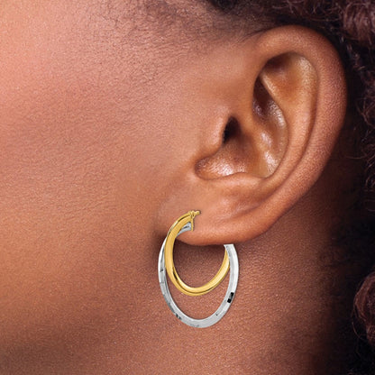 Polished Fancy Hoop Earrings - Yellow Gold with Rhodium