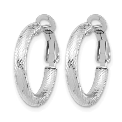 3x15 w/ White Rhod Plating D/C Round Omega Back Hoop Earrings