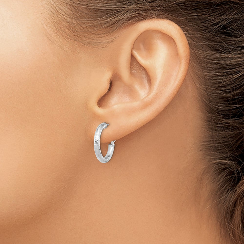 3x15 w/ White Rhod Plating D/C Round Omega Back Hoop Earrings