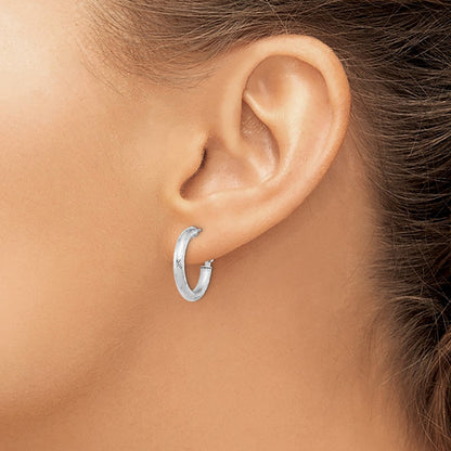 3x15 w/ White Rhod Plating D/C Round Omega Back Hoop Earrings