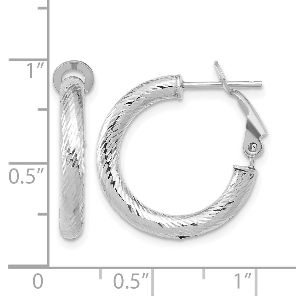 3x15 w/ White Rhod Plating D/C Round Omega Back Hoop Earrings