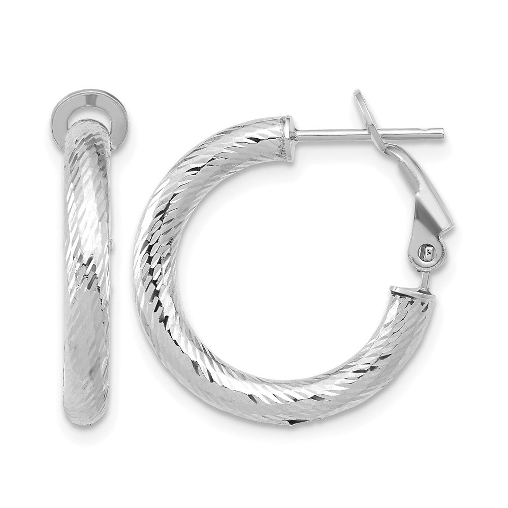 3x15 w/ White Rhod Plating D/C Round Omega Back Hoop Earrings