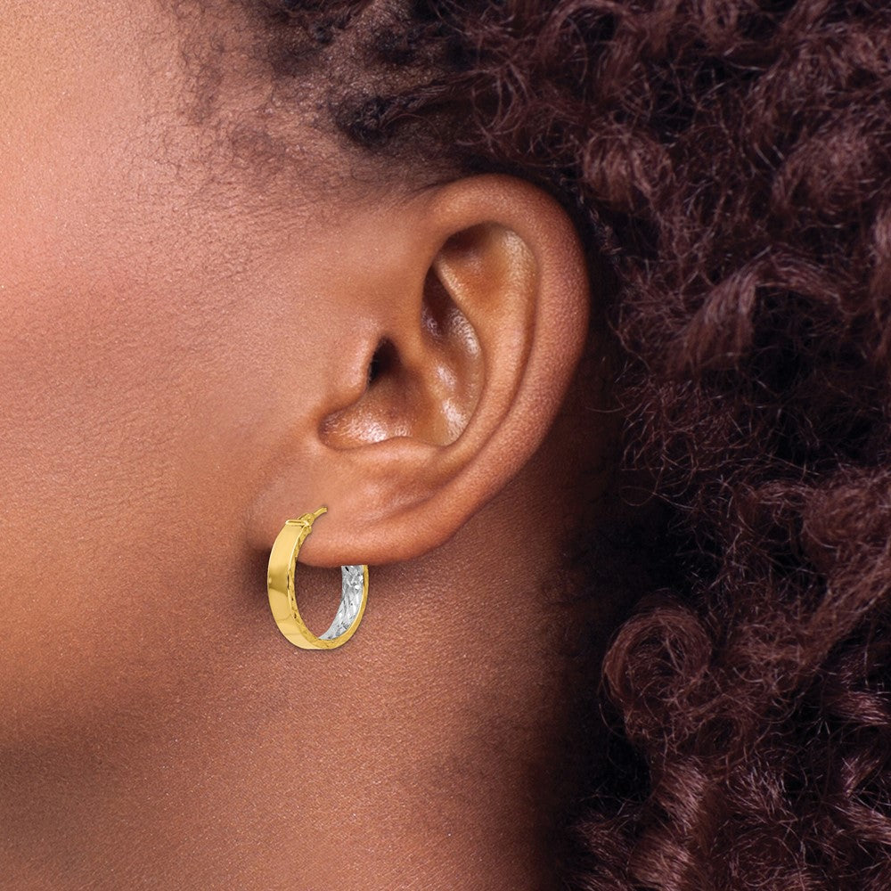 Polished and D/C Hoop Earrings - Yellow Gold with Rhodium