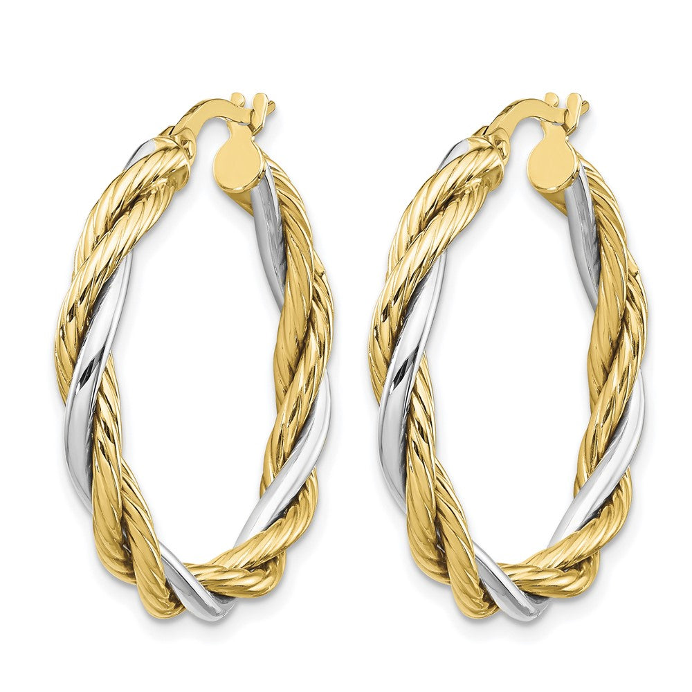 Polished Twisted Hoop Earrings - 3.25mm, Yellow Gold with Rhodium