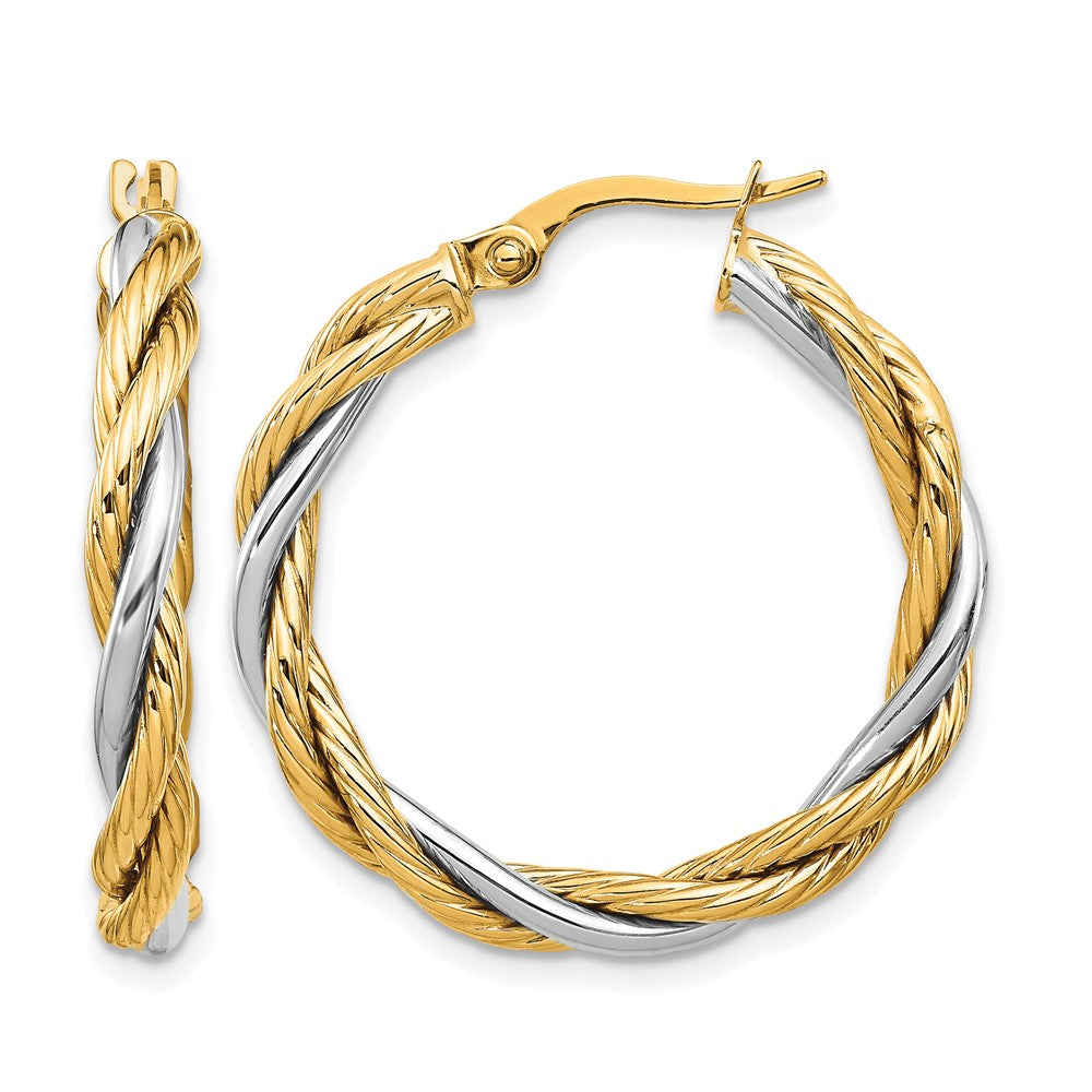 Polished Twisted Hoop Earrings - 3.25mm, Yellow Gold with Rhodium