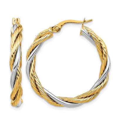 Polished Twisted Hoop Earrings - 3.25mm, Yellow Gold with Rhodium