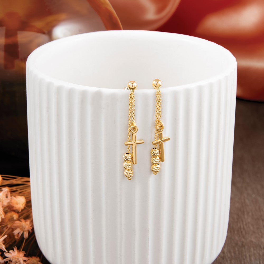 Polished D/C Cross Beaded Post Dangle Earrings