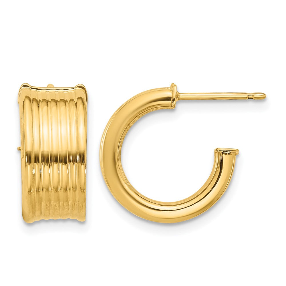 Polished and Grooved J-Hoop Post Earrings - 7.5mm