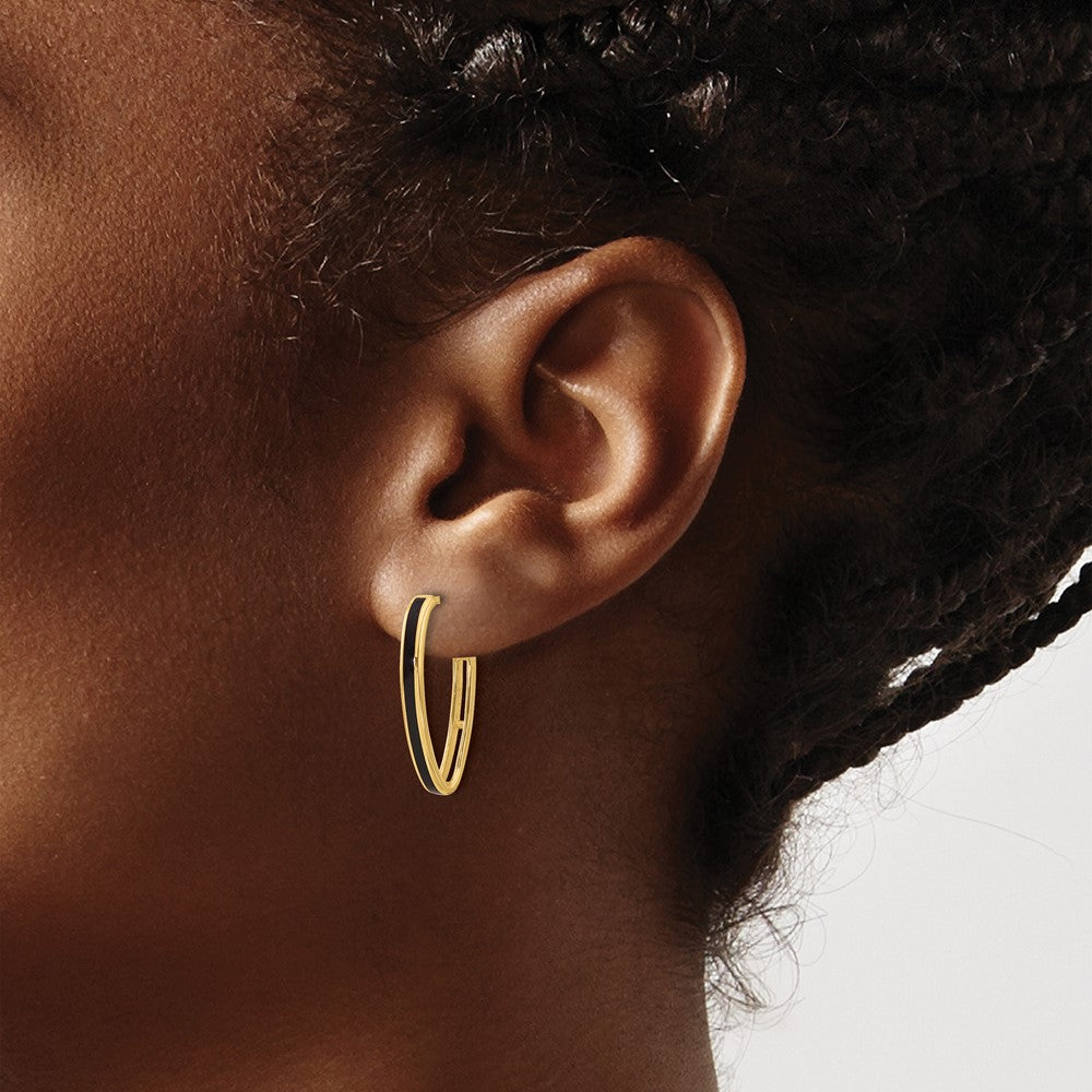 Polished with Black Enamel Oval J-hoop Post Earrings
