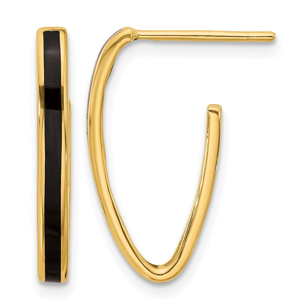 Polished with Black Enamel Oval J-hoop Post Earrings