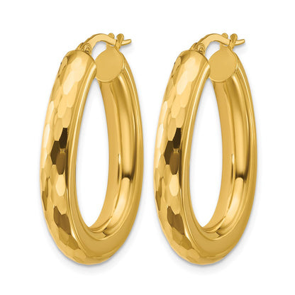 Polished and Diamond-cut Oval Hoop Earrings - 4.5mm