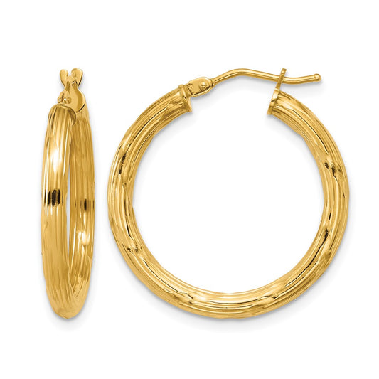Polished and Grooved Round Hoop Earrings - 2.7mm, 1.94g