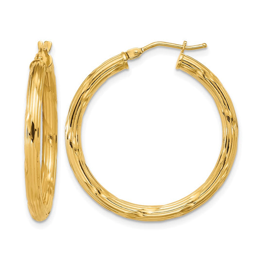 Polished and Grooved Round Hoop Earrings - 2.31g