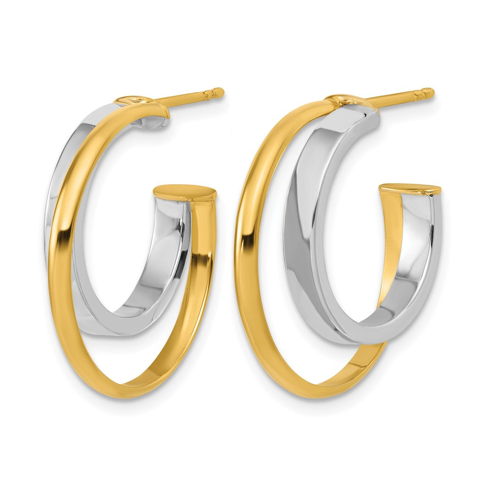 Polished 2-Row J-Hoop Post Earrings - Yellow Gold with Rhodium