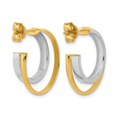 Polished 2-Row J-Hoop Post Earrings - Yellow Gold with Rhodium