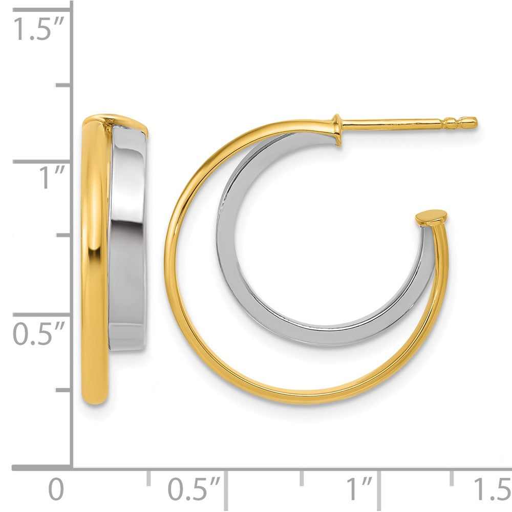 Polished 2-Row J-Hoop Post Earrings - Yellow Gold with Rhodium
