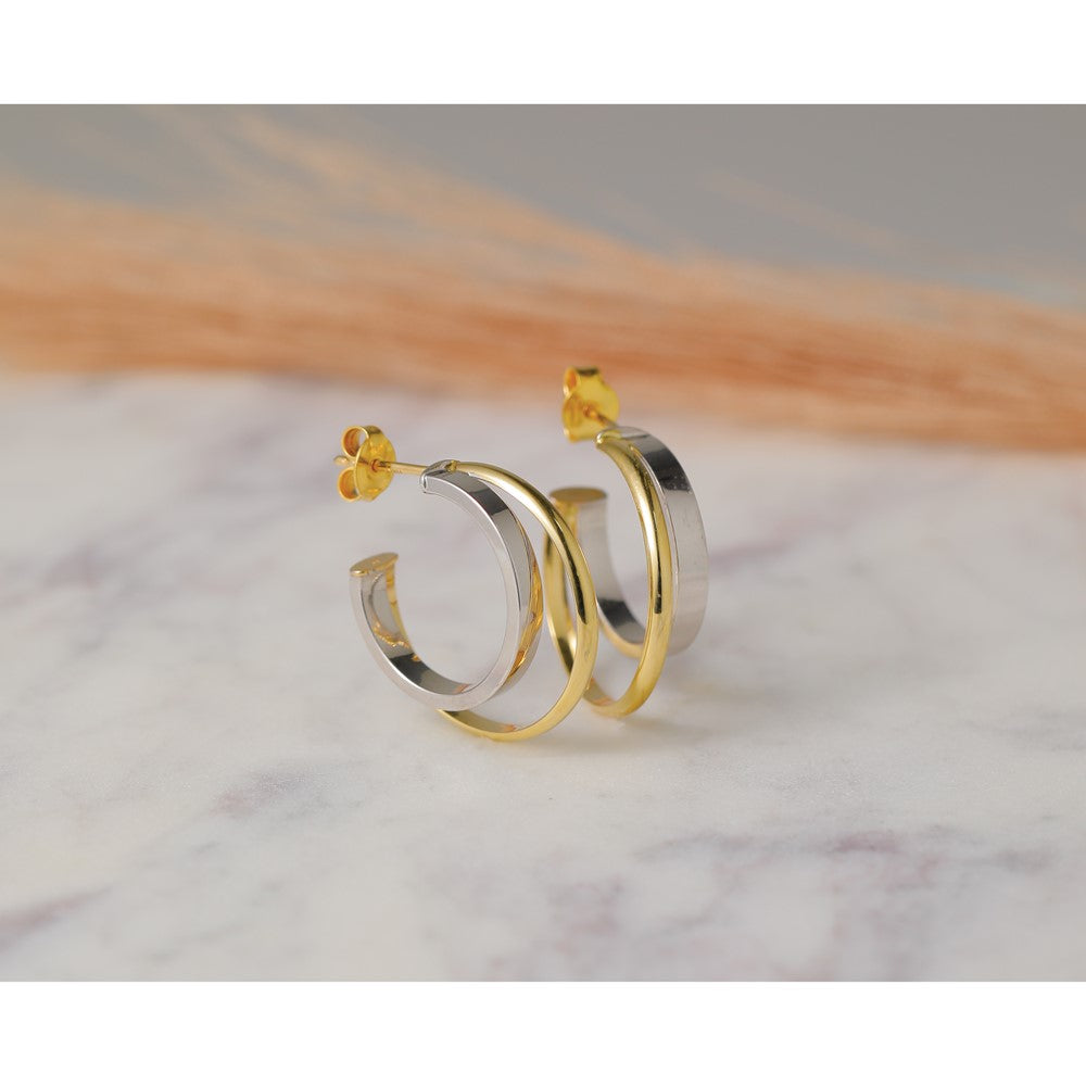 Polished 2-Row J-Hoop Post Earrings - Yellow Gold with Rhodium