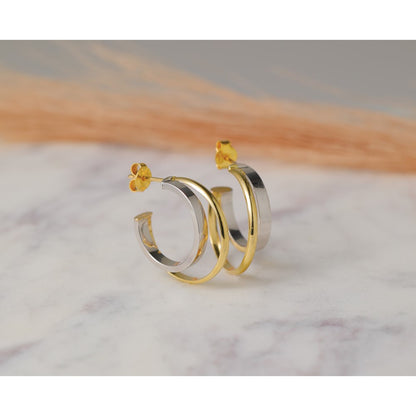 Polished 2-Row J-Hoop Post Earrings - Yellow Gold with Rhodium