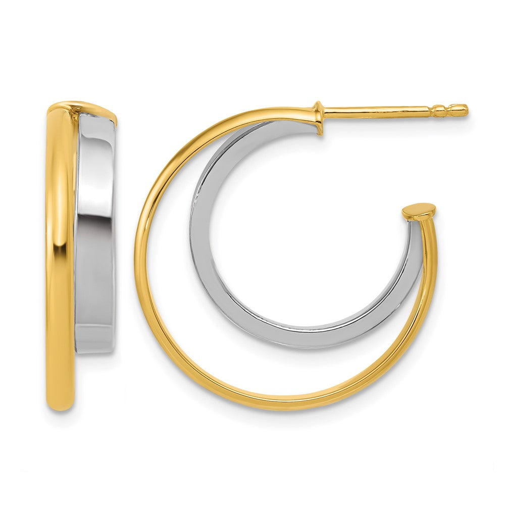 Polished 2-Row J-Hoop Post Earrings - Yellow Gold with Rhodium
