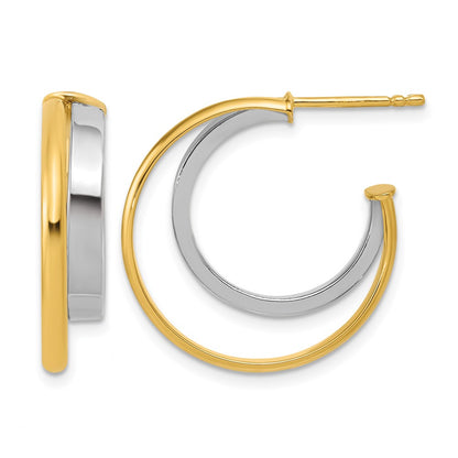 Polished 2-Row J-Hoop Post Earrings - Yellow Gold with Rhodium