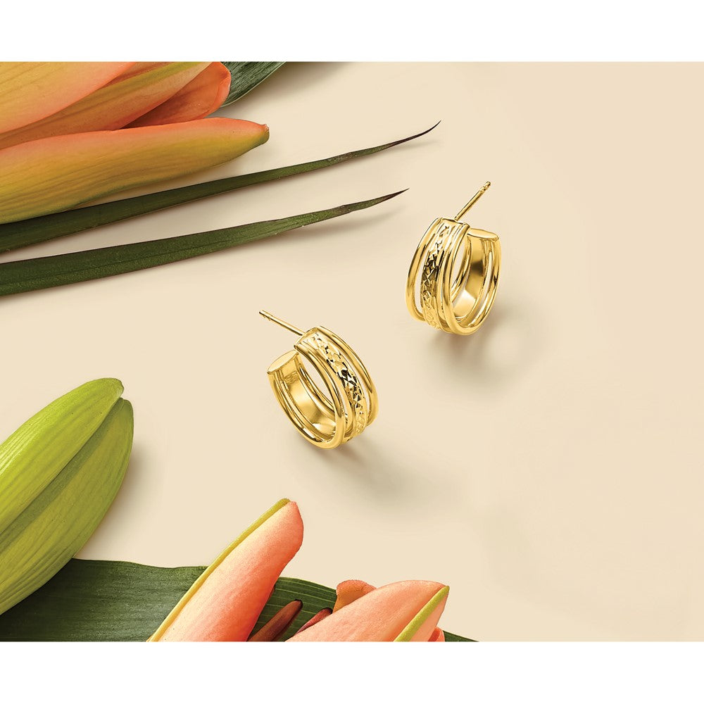 Polished and Diamond-cut 3-Row J-Hoop Post Earrings - 20mm