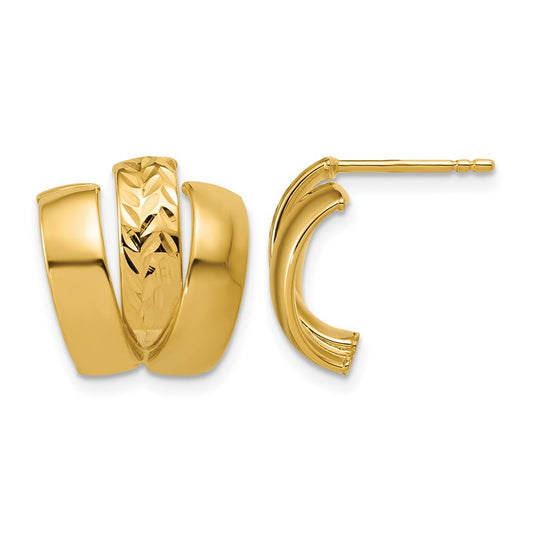 Polished and Diamond-cut 3-row J-Hoop Post Earrings - 14mm