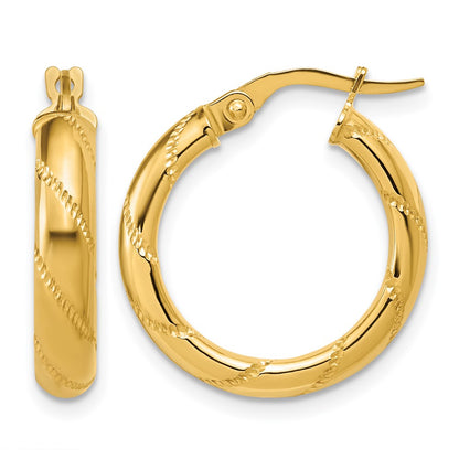 Polished and Textured Round Hoop Earrings - 3.5mm, 2.23g