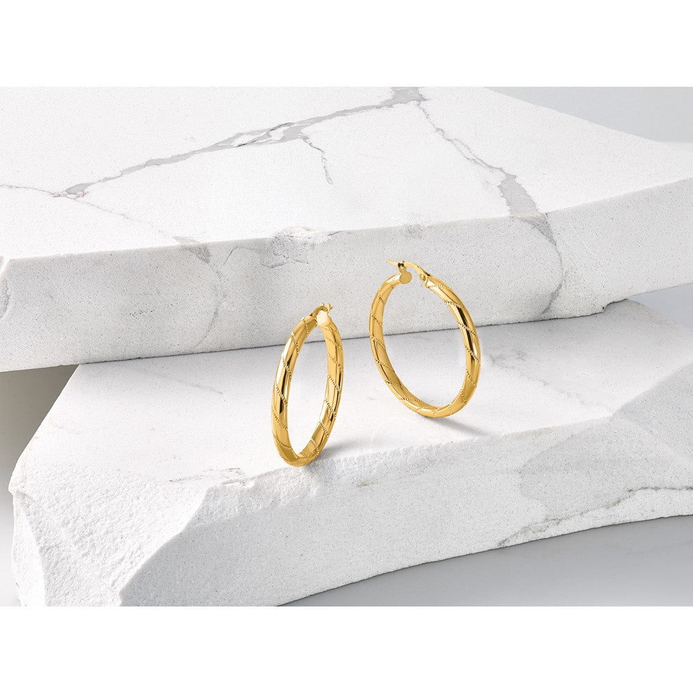 Polished and Textured Round Hoop Earrings - 3.83g