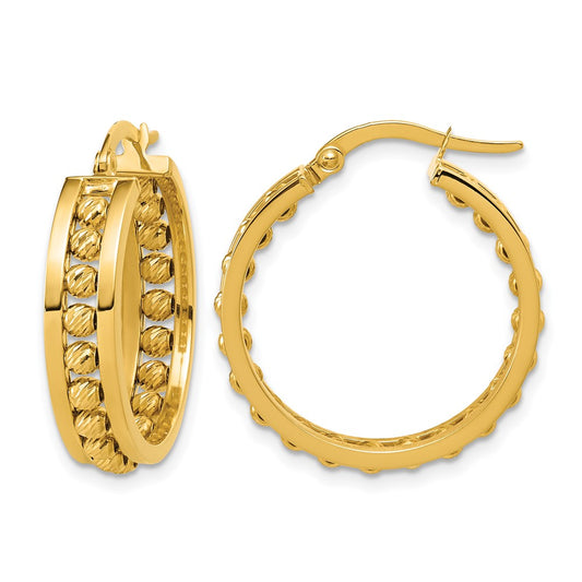 Polished and Diamond-cut Beaded Tube Hoop Earrings - 4.42g