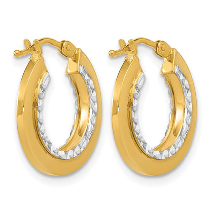 Polished and Diamond-cut Round Hoop Earrings - Yellow Gold with Rhodium