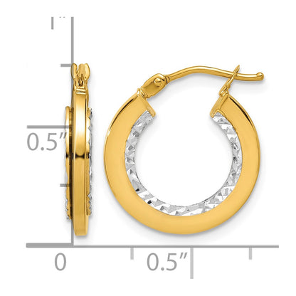 Polished and Diamond-cut Round Hoop Earrings - Yellow Gold with Rhodium