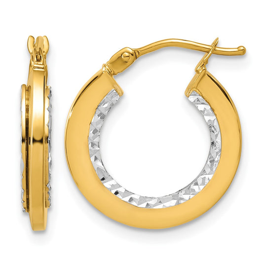 Polished and Diamond-cut Round Hoop Earrings - Yellow Gold with Rhodium
