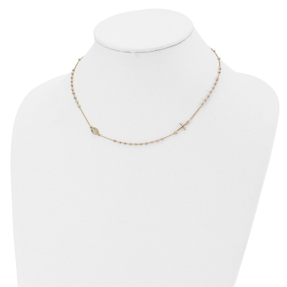 Sideways Cross Beaded Rosary Style Necklace 18"