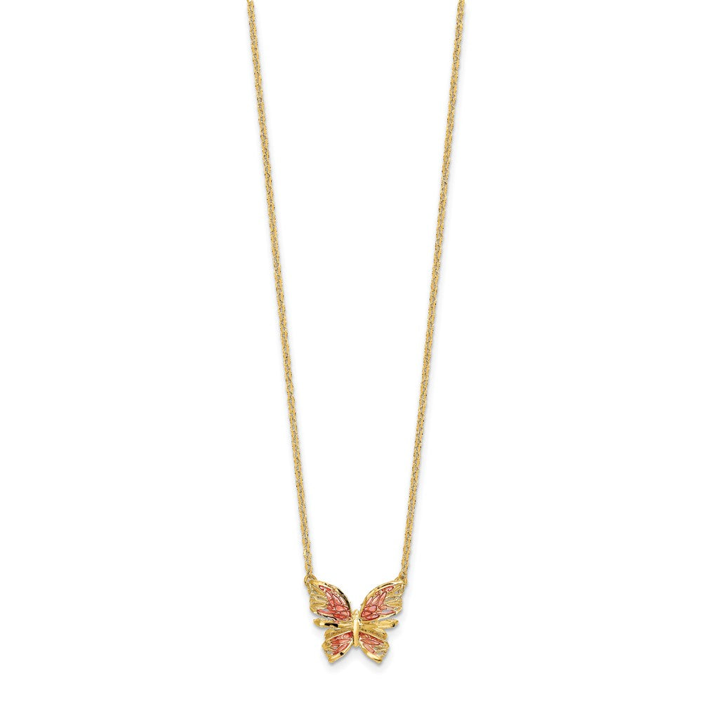 Polished D/C w/ Pink Enamel Butterfly Necklace 18"