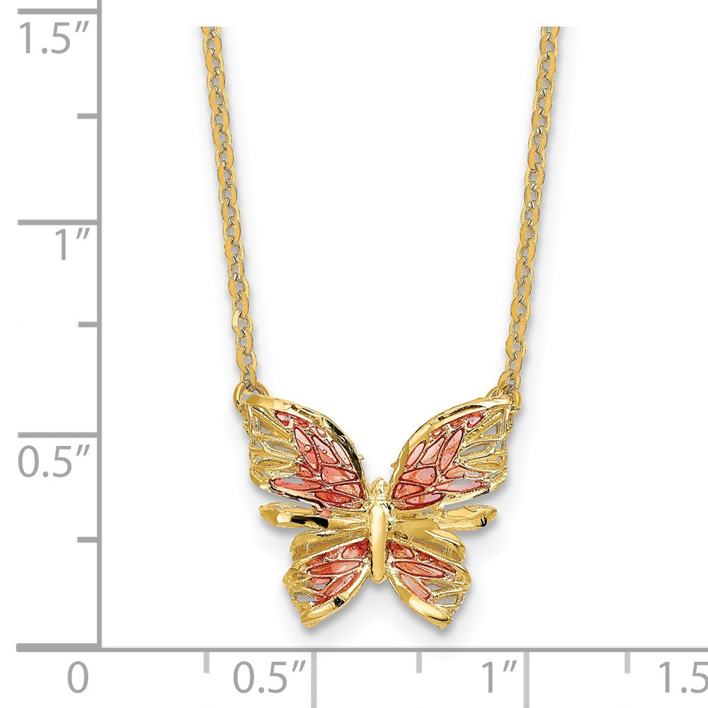 Polished D/C w/ Pink Enamel Butterfly Necklace 18"