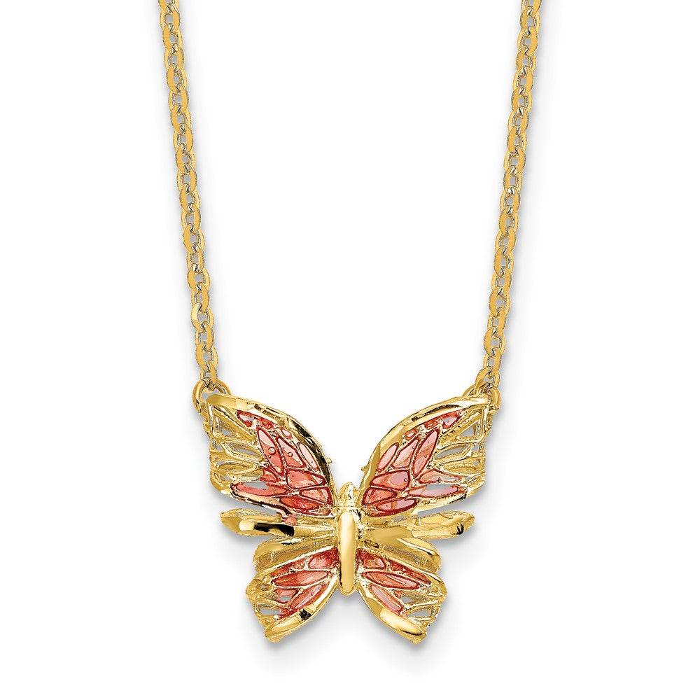 Polished D/C w/ Pink Enamel Butterfly Necklace 18"