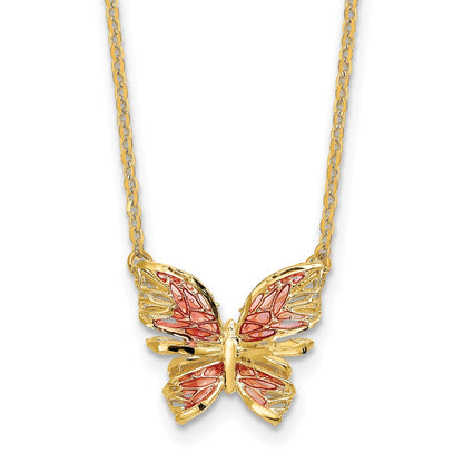 Polished D/C w/ Pink Enamel Butterfly Necklace 18"