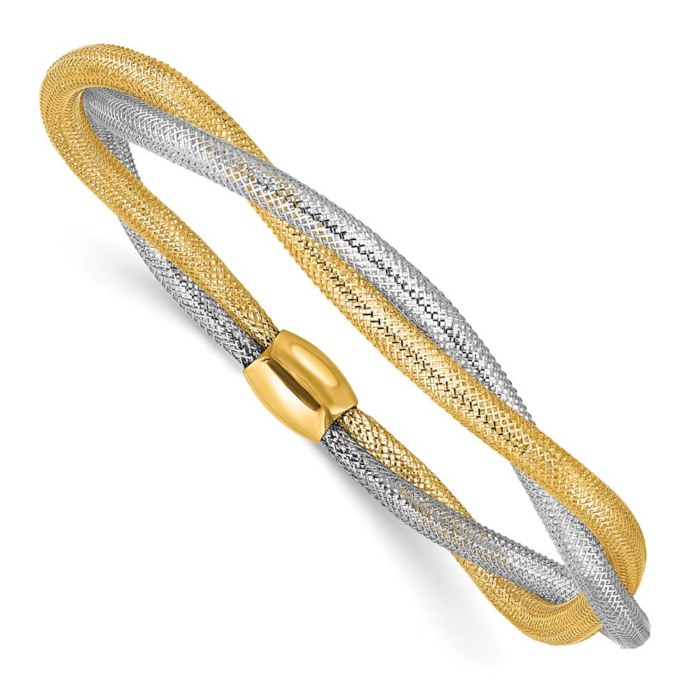 Mesh Twist Slip-on Stretch Bracelet - Yellow Gold with Rhodium