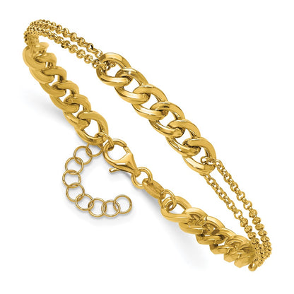 Polished/Dia-cut 2-Strand Fancy Link w/1in ext. Bracelet
